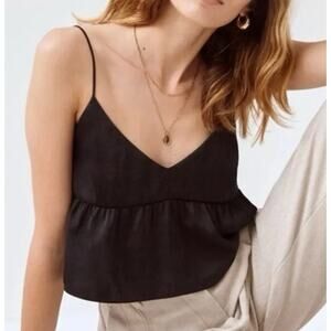Wilfred Aritzia Lover Satin Cropped Peplum Ruffle Tank Top Black XS